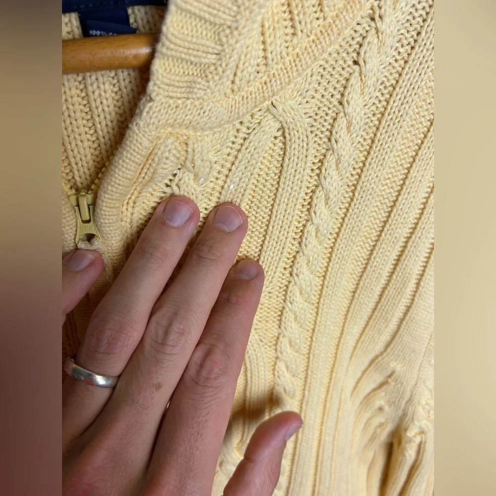 Lads end Cable knit Full Zip Hoodie Yellow Butter‎ Size L old Money Vintage